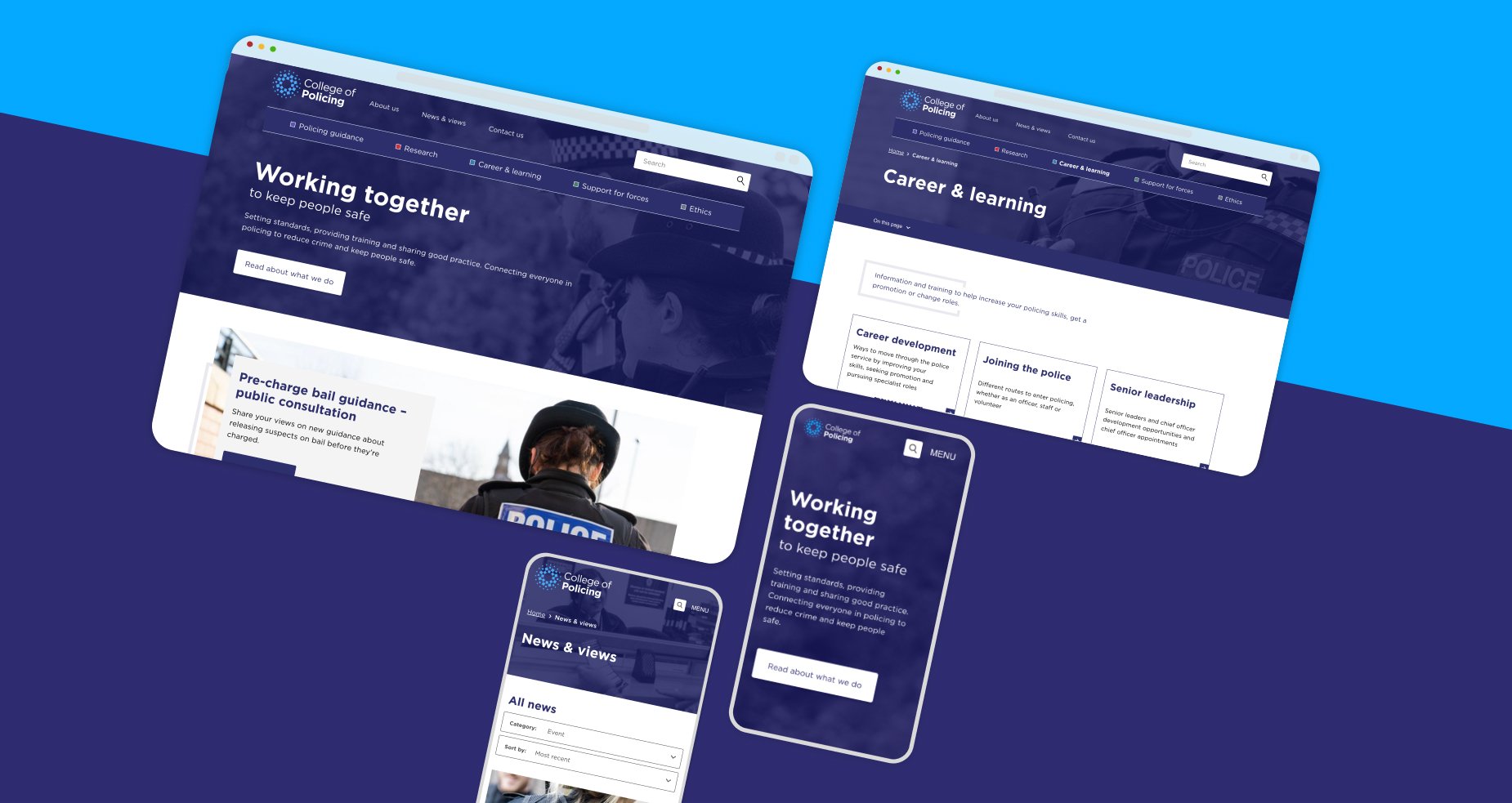 A collage of shots of the new College of Policing website, shown on both desktop and mobile. The pages are responsive and accessible with intuitive user interfaces.