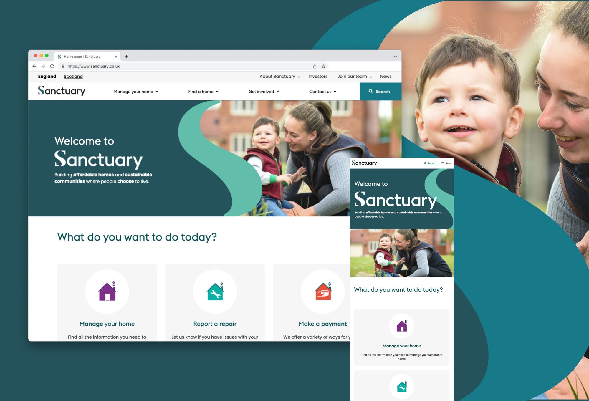 Screenshots of Sanctuary's new website on desktop and mobile