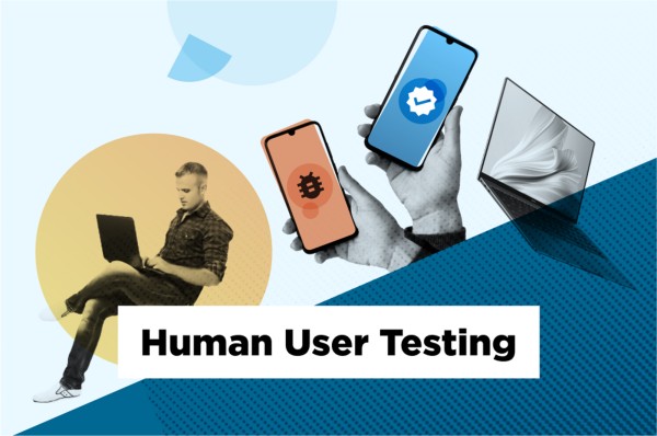 Graphic illustrating Human User Testing, with a man working on a laptop and hands holding different devices.