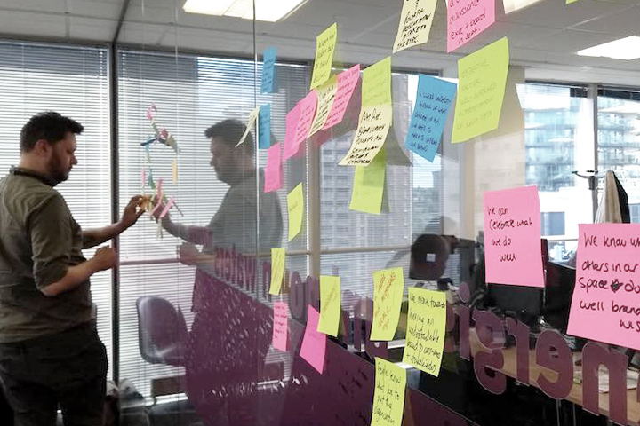 Strategy team using glass wall for posted notes as part of workshop project