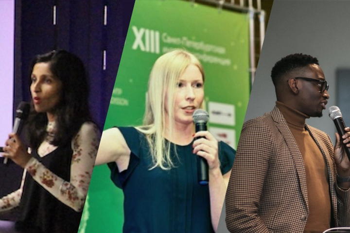 Collage of three people from various speaking events