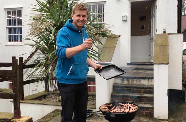 Gareth cooking on the BBQ outside the Cyber-Duck Elstree Office.