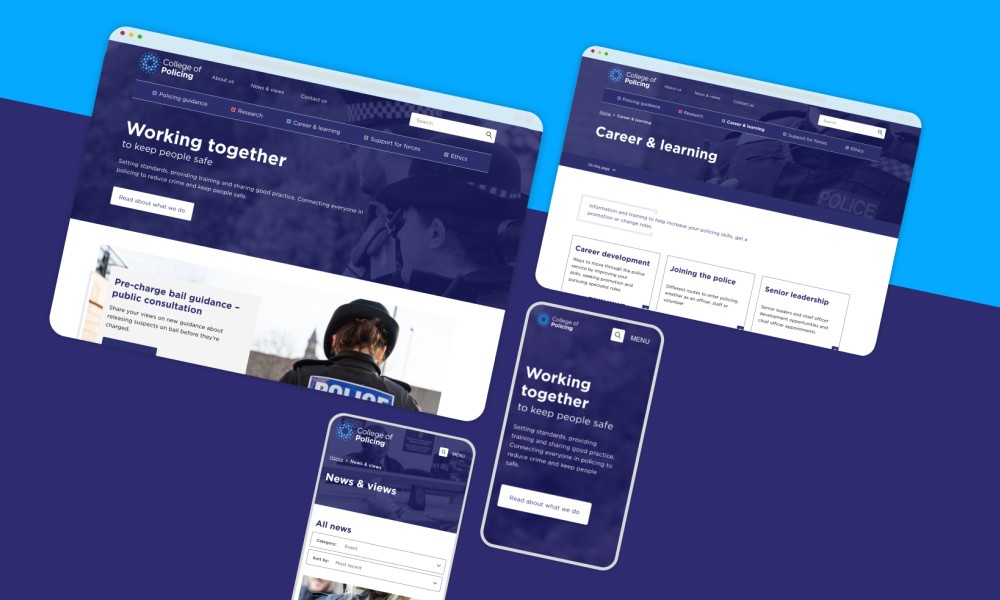 A collage of shots of the new College of Policing website, shown on both desktop and mobile. The pages are responsive and accessible with intuitive user interfaces.
