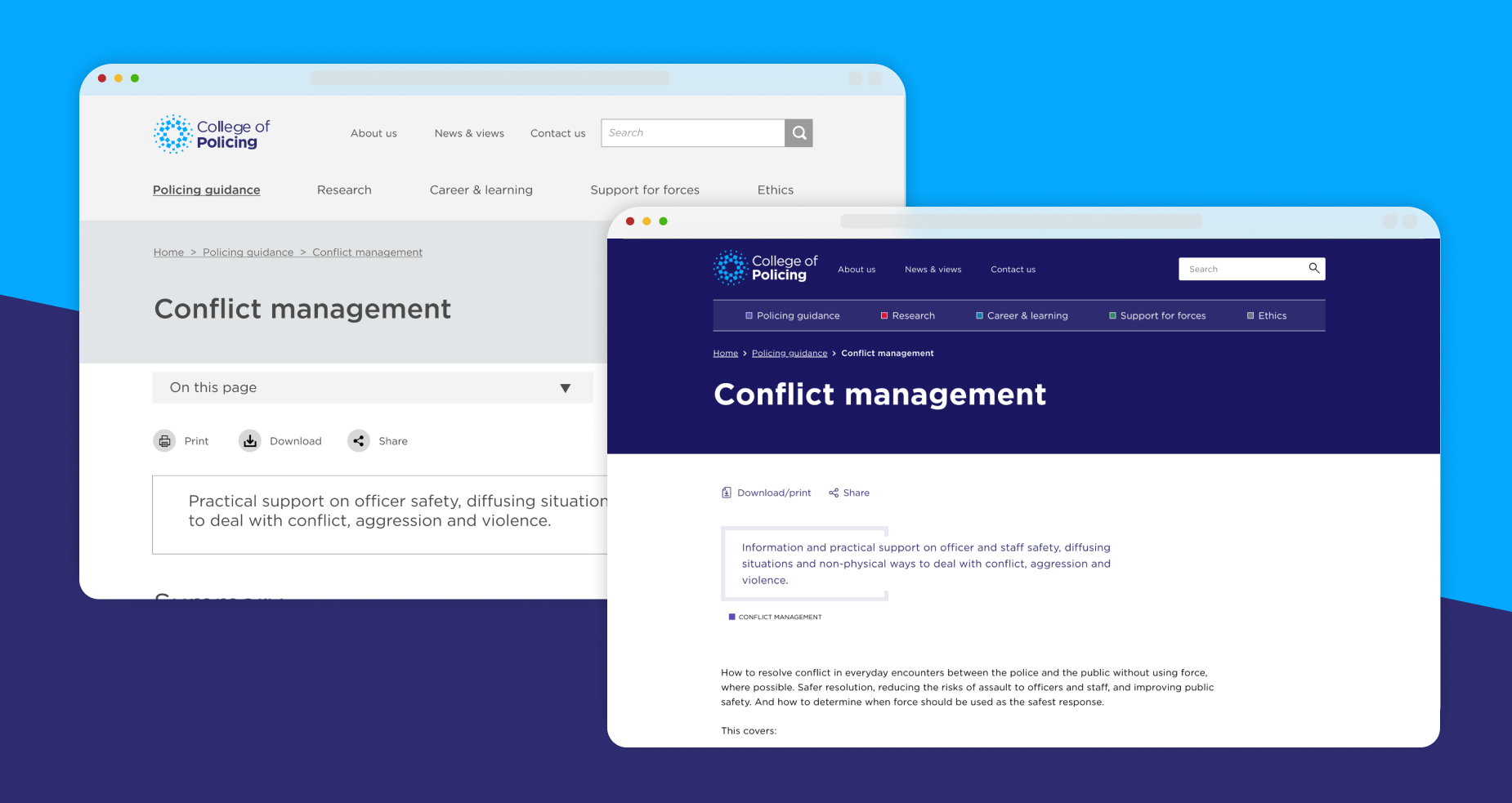 Screenshots of the "Conflict Management" page from the new College of Policing website.