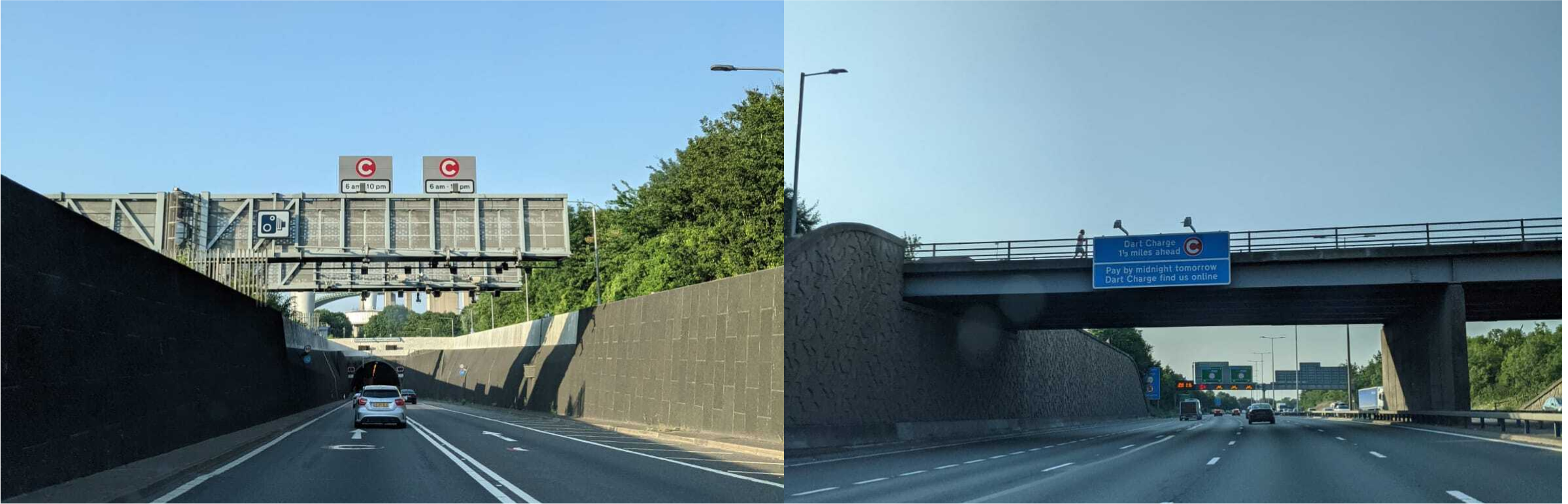 Various views that drivers see on the road when approaching the Dartford Crossing, with signs to remind them that the crossing is coming up.