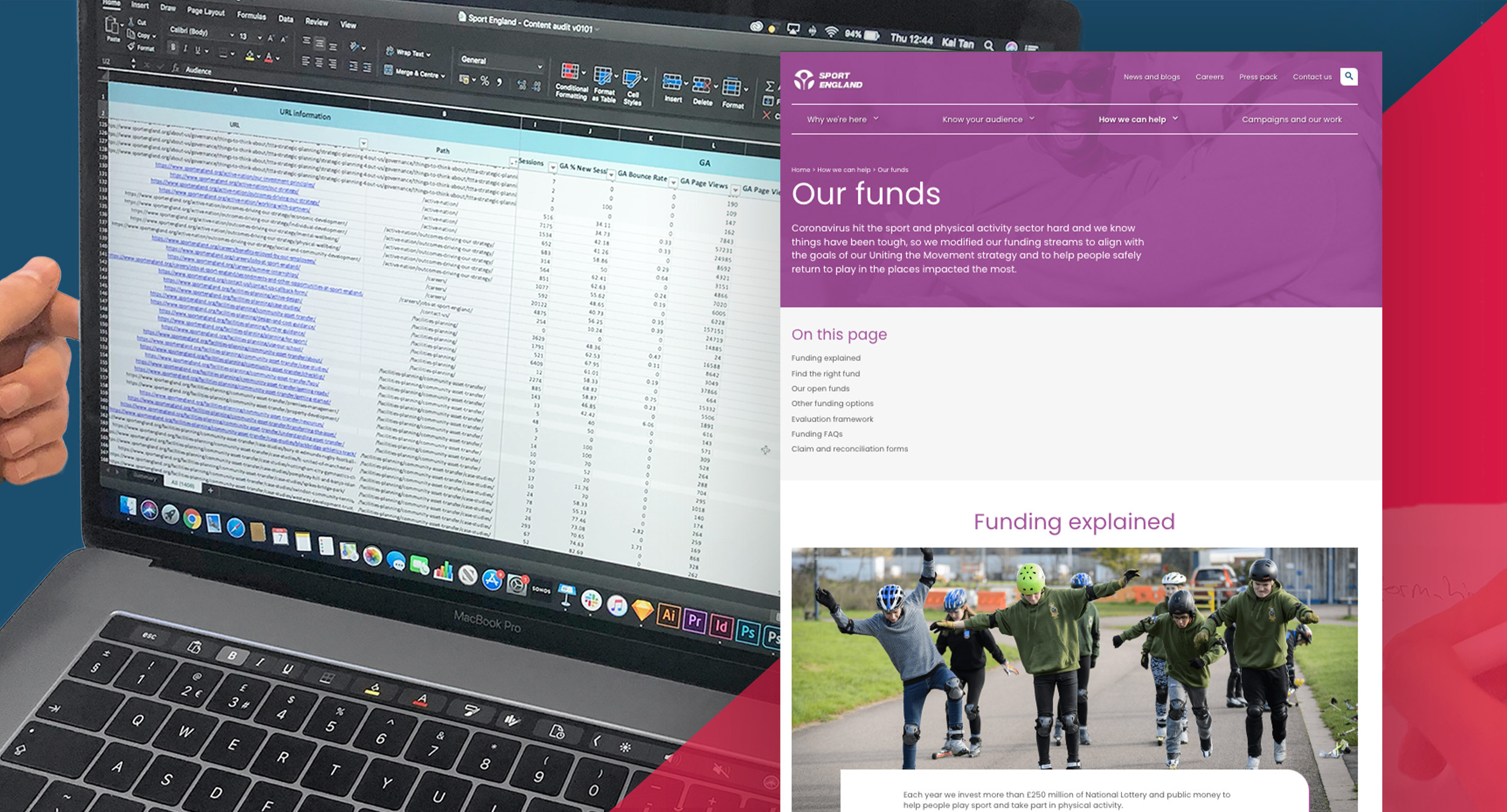 Laptop showing a spreadsheet detailing a content audit of a specific page on the Sport England website