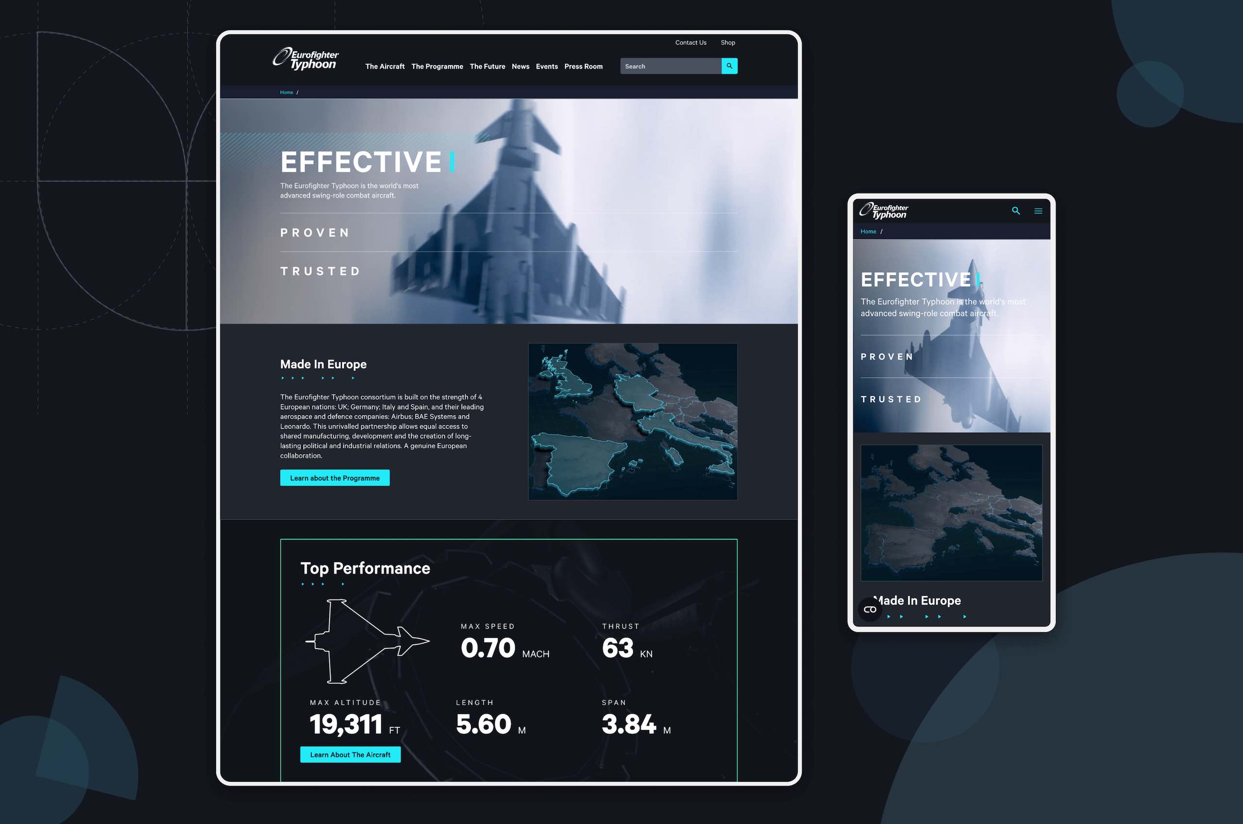 Screenshots of the new Eurofighter home page on desktop and mobile