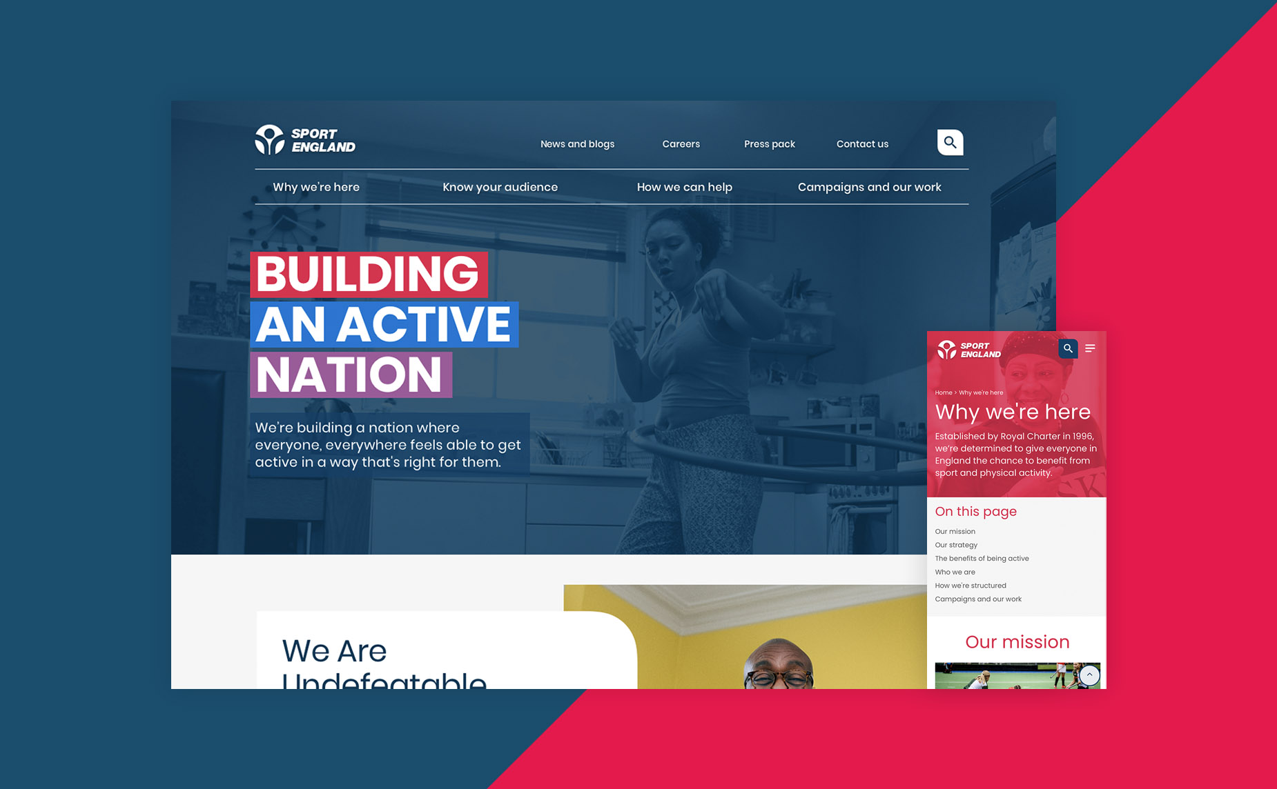Screenshot of Sport England website with 'Building an active nation' written in big letters on the hero banner