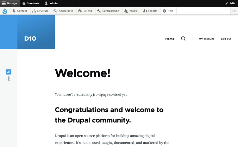 A screenshot of the Drupal homepage featuring the clean, modern and accessible Claro theme. There is black text on a white background saying Welcome! Congratulations and welcome to the Drupal community.