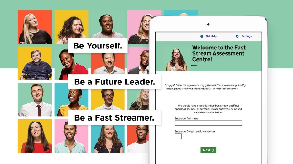 A screenshot of Cyber-Duck's new home page design for the Cabinet Office Fast Stream Assessment Centre. There is a grid of different faces in coloured blocks with the words Be Yourself, Be A Future Leader, Be A Fast Streamer.
