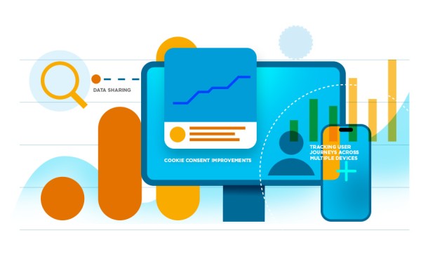 An ilustrative representation of different GA4 screens, bars and graphs in a blue, yellow and orange colour scheme.