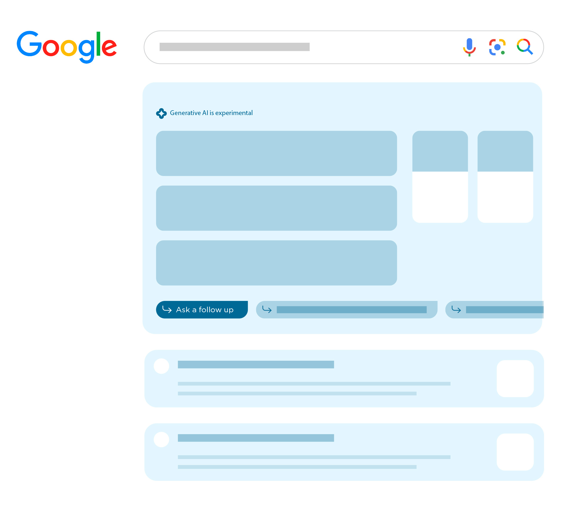 An illustration of the Google AI search interface. There is a Google search bar at the top, and underneath this it says Generative AI is experimental. There is an option underneath that to ask a follow-up.