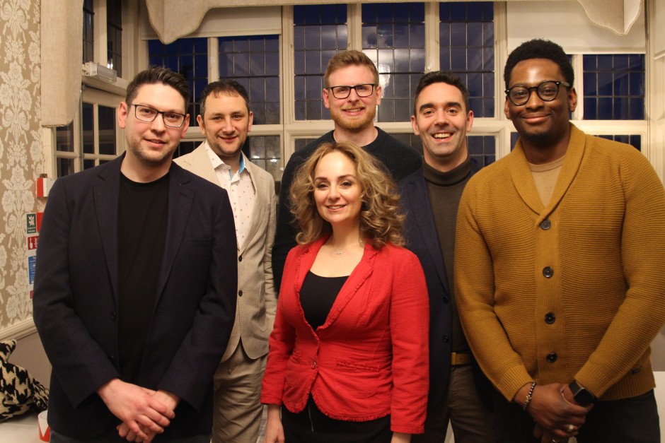 Six members of the Cyber-Duck team, standing in a group and smiling to the camera at our business plan meeting in the Manor Hotel earlier this year.