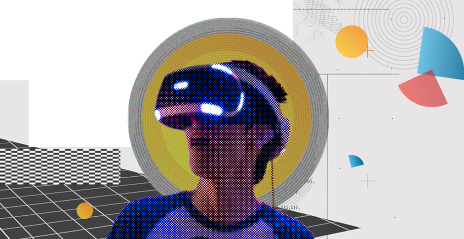 A person wearing a VR headset, surrounded by illustrative shapes.