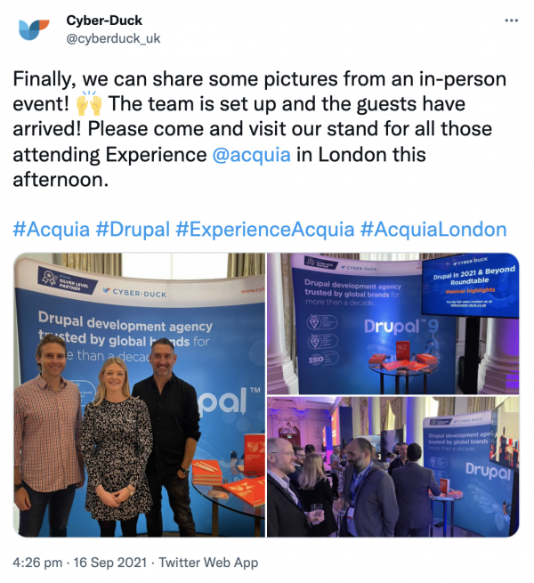 Tweet-from-Cyber-Duck-with-staff-photos-from-Acquia-Experience-London-Event