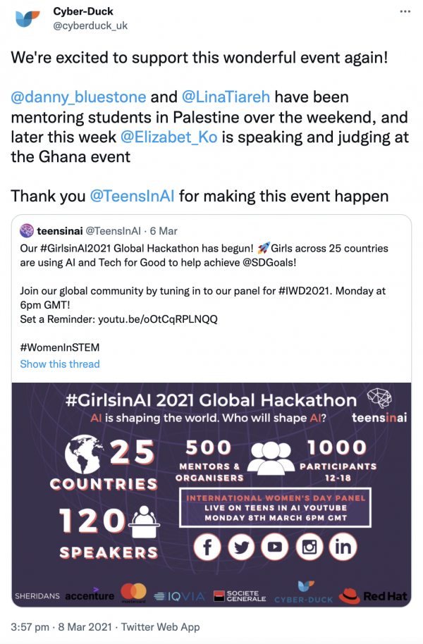 Retweet by Cyber Duck for the Teens' in AI event Girl in AI Global Hackathon