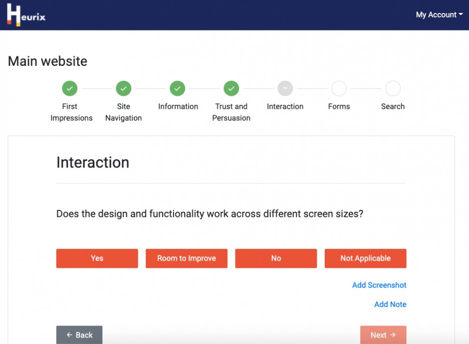 A screenshot of the Heurix UX assessment tool