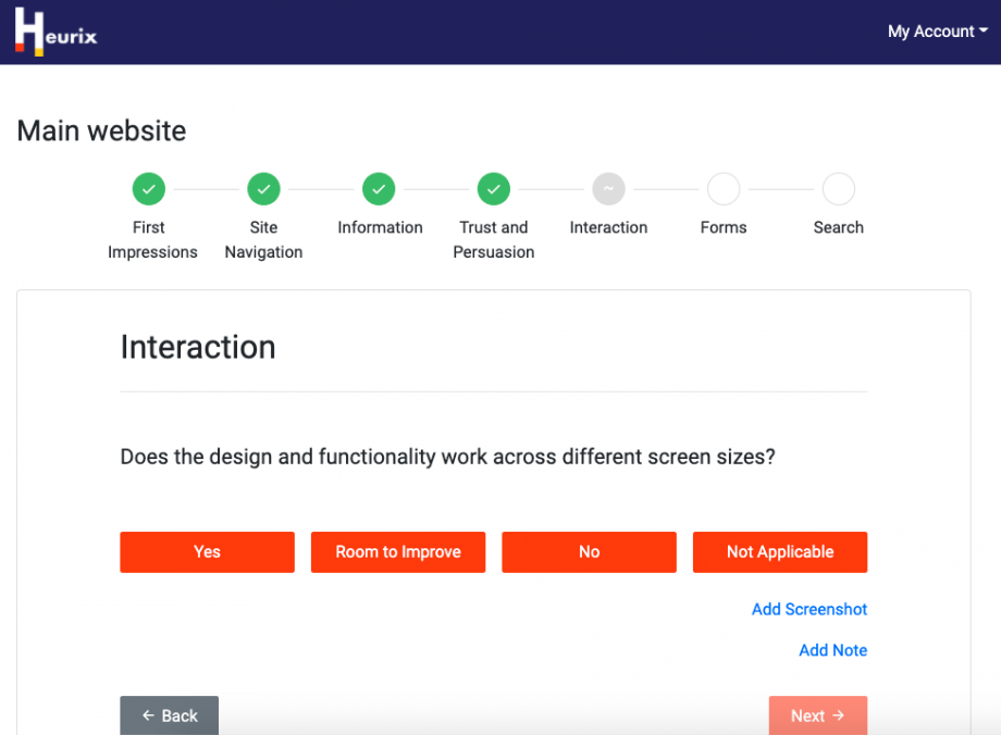 A screenshot of the Heurix UX assessment tool