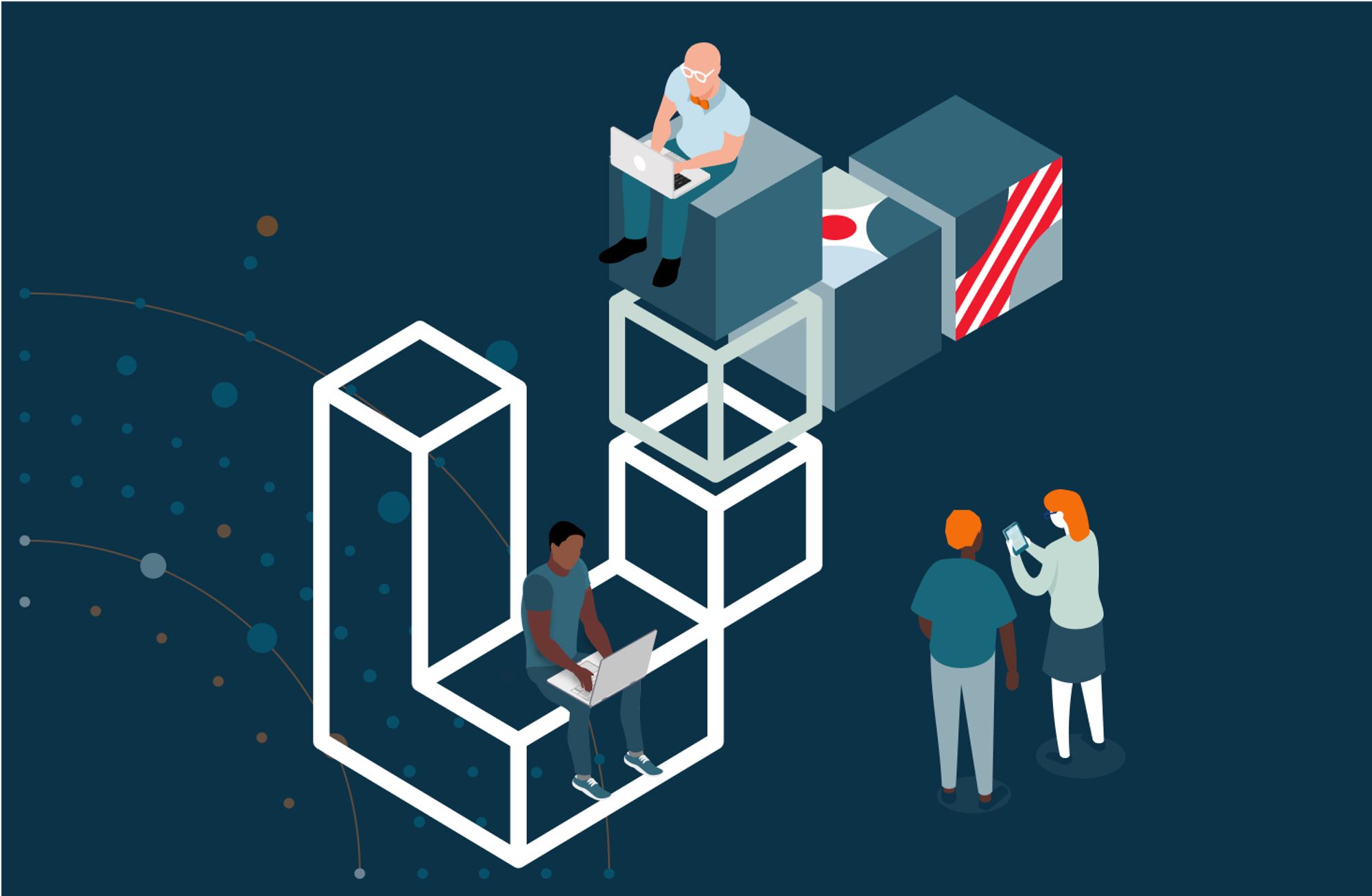 illustration of Laravel logo alongside various character working on digital devices