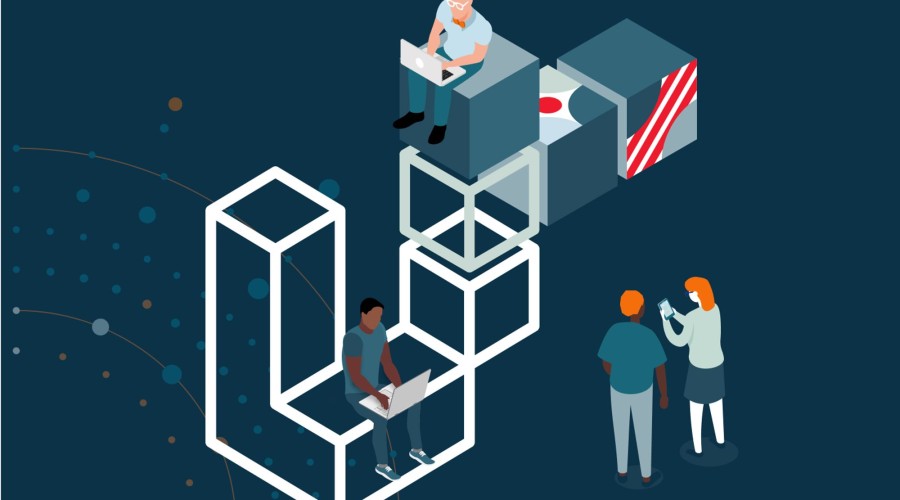 illustration of Laravel logo alongside various character working on digital devices
