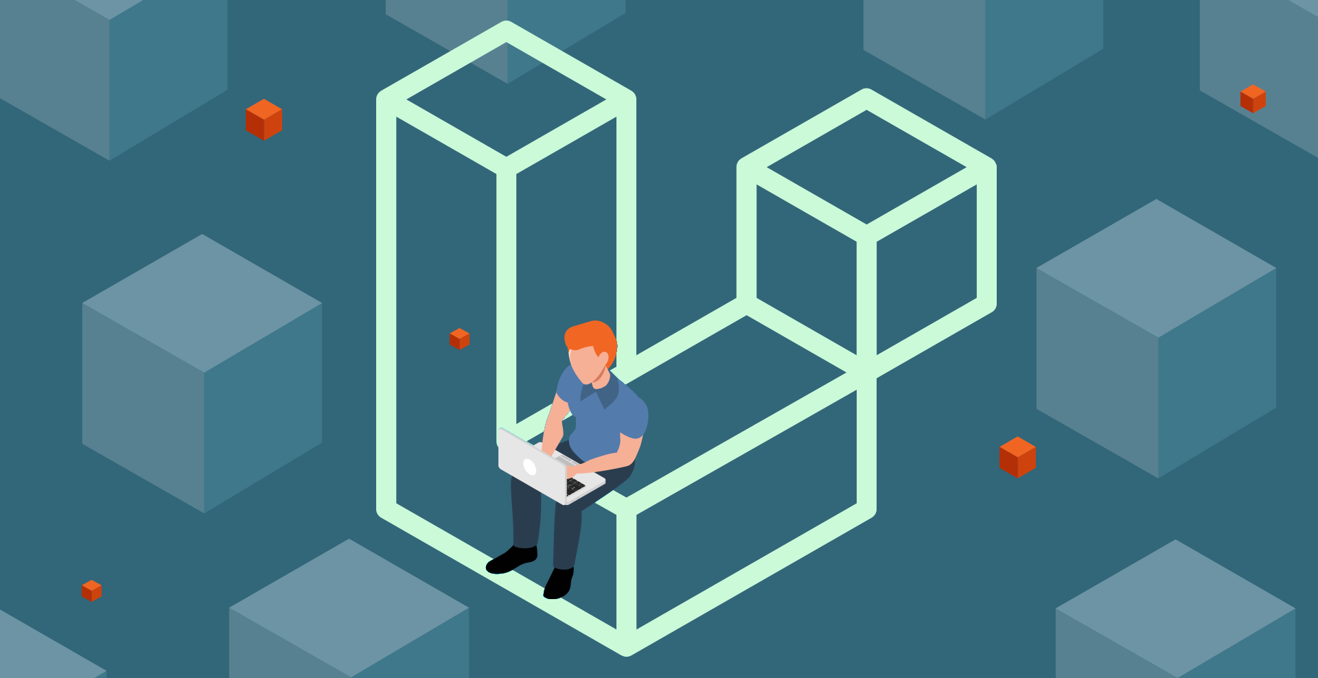 Illustration of man on computer sitting on the Laravel logo