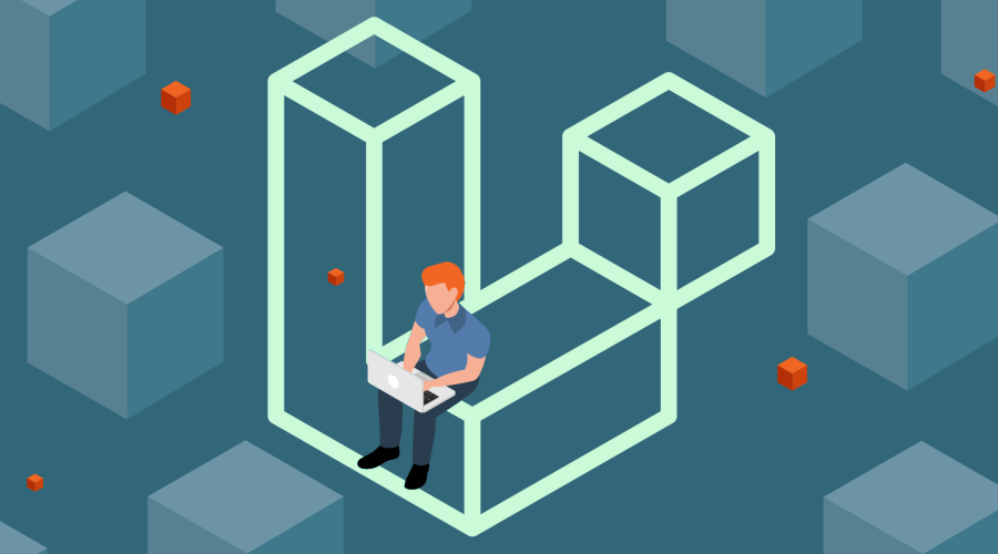 Illustration of man on computer sitting on the Laravel logo