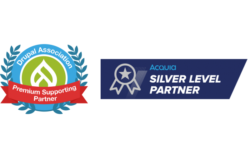 Badges for Drupal Premium Supporting Partner and Acquia Silver Level Partner