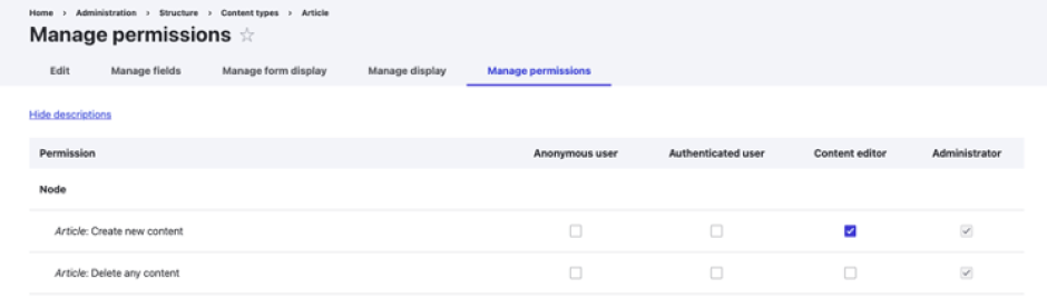 The new entity permissions tab, showing access to the permissions settings relating to each content type or taxonomy.