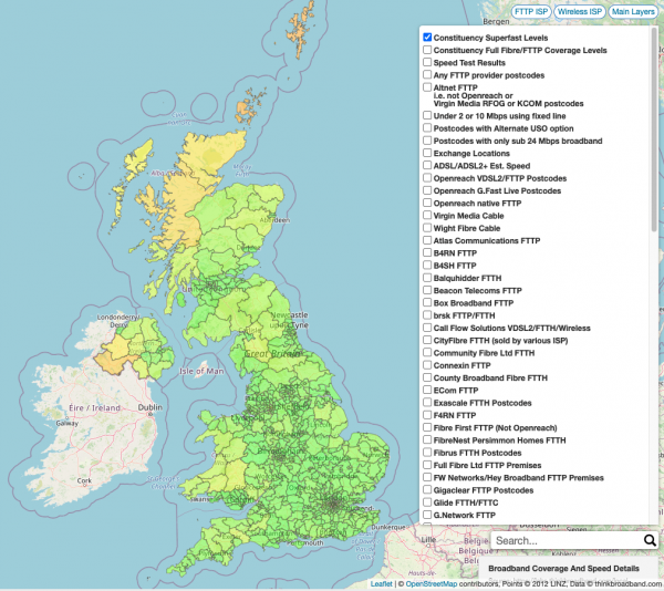 Map of the UK showing superfast broadband coverage as of March 2022. It shows that coverage is higher around major cities and lower in rural areas.