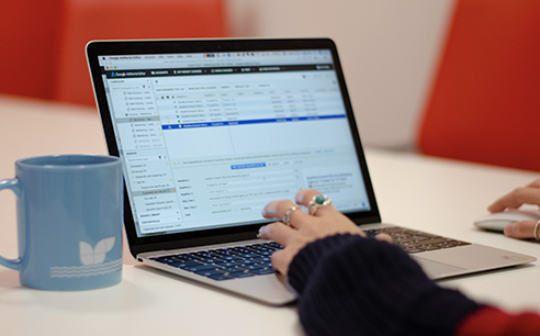 Photo of a Cyber-Duck employee viewing SEO data on a laptop in the office