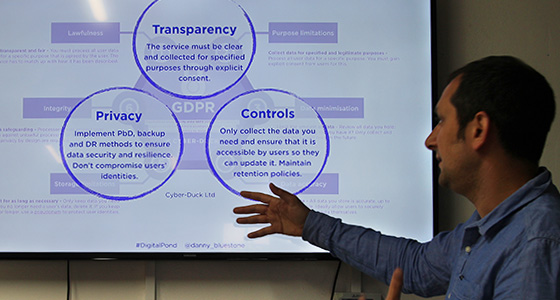 Photo of CEO Danny giving a presentation about GDPR. The current slide covers Transparency, Privacy and Controls.