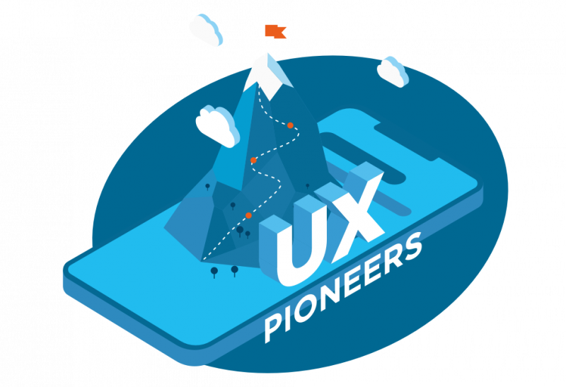 Illustration of a mountain with UX pioneer writing in front of it