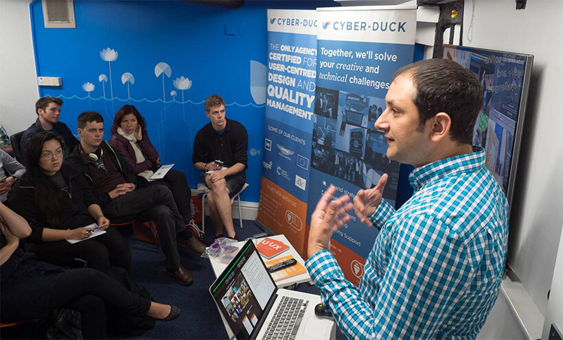 Danny speaking to the crowd at our StartupBus UK launch.