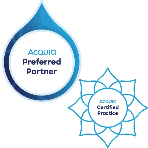 Two badges that certify Cyber-Duck as an Acquia Preferred Partner and Acquia Certified Practice.