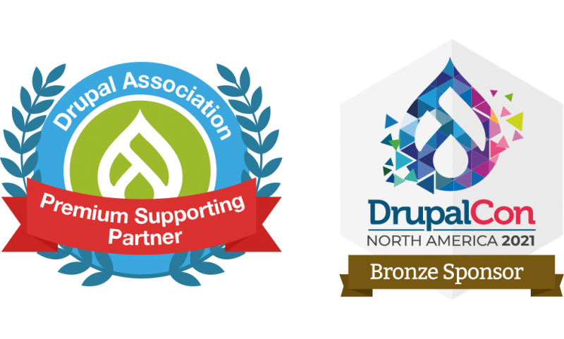 A pair of official badges with the Drupal teardrop logo. One is a Drupal Association Premium Supporting Partner badge. The other is a DrupalCon North America 2021 Bronze Sponsor badge.