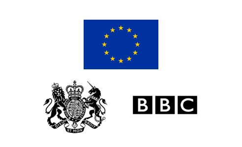 Collection of three logos including the EU flag, UK insignia and the BBC