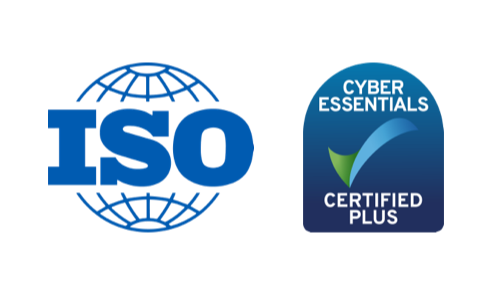 Composite of two badges featuring the ISO logo and the Cyber Essentials Certified Plus 