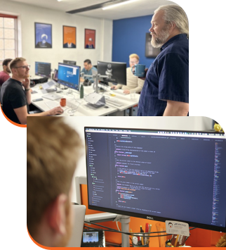 A collage of two photos of the Laravel dev team. One photo shows a monitor up close with code on it. The other shows two devs speaking to each other in the Cyber-Duck office.