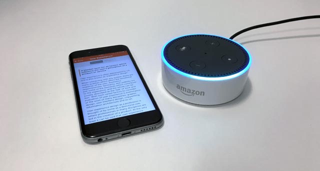 An Amazon Alexa device with a mobile phone next to it.