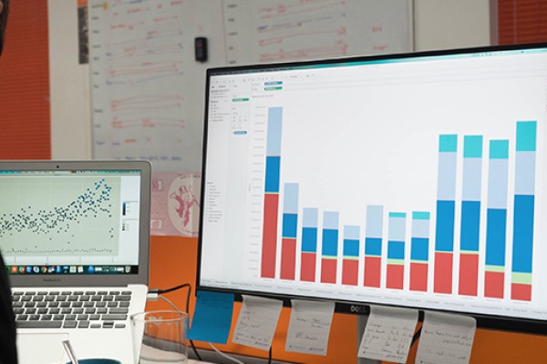 Photo of a Cyber-Duck employee viewing a multi-coloured bar chart on a monitor and laptop in an office