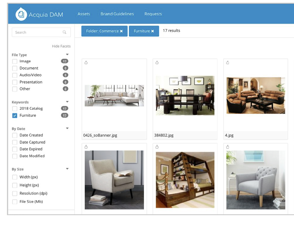An example of a Digital Asset Management System, housing images of furniture, with an intuitive menu on the left to help users find what they are looking for quickly.