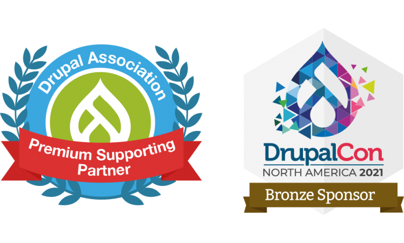 Badges to demonstrate Cyber-Duck's status as Drupal Association Premium Supporting Partner and DrupalCon North America 2021 Bronze Sponsor.