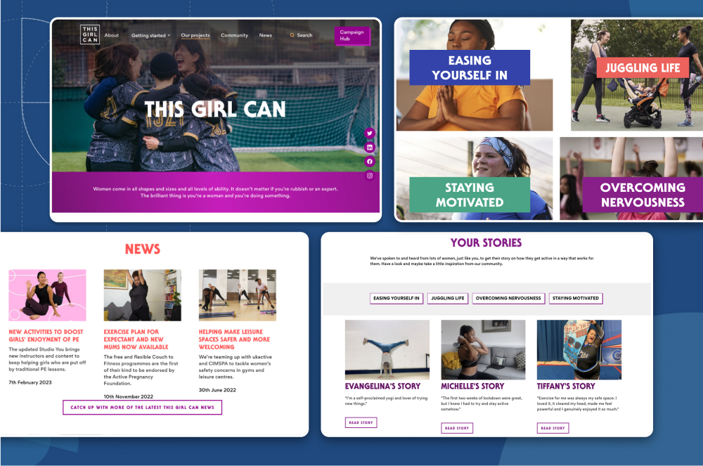 Screenshots of the new This Girl Can Drupal site.