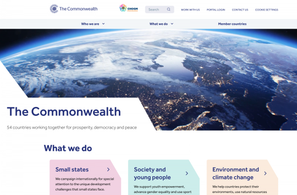 A screengrab of the new Commonwealth homepage, showing an image of the earth with white space above and below, and new accessible text and titles underneath.