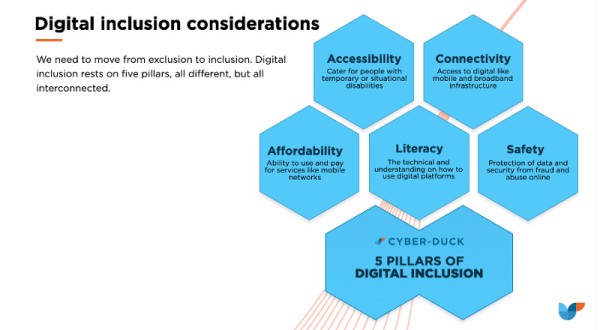 The 5 Pillars of Digital Inclusion: Accessibility, Connectivity, Affordability, Literacy and Safety.
