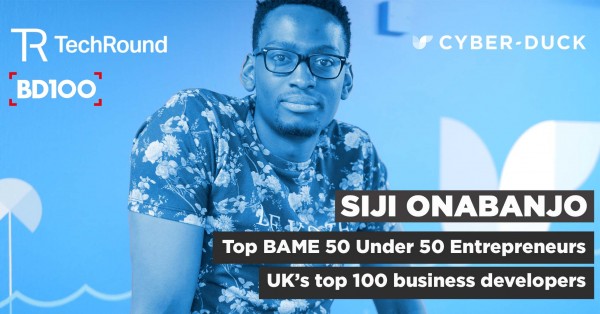 A photo of Siji on a blue background, with a caption telling us he has made it to the lists of Top BAME 50 Under 50 Entrepreneurs and the UK's top 100 business developers.